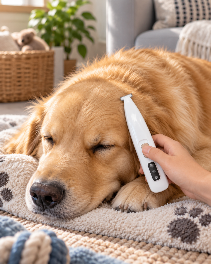 Witte trimmer wordt voorzichtig langs het gezicht van een rustig slapende golden retriever gehouden 10