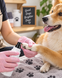 Persoon met roze handschoenen houdt de poot van een corgi vast terwijl de nagelvijl in de andere hand wordt gehouden 8