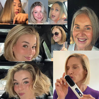 Collage van vrouwen met kort haar die de borstel gebruiken en hun gladde, gestileerde bob laten zien. 3