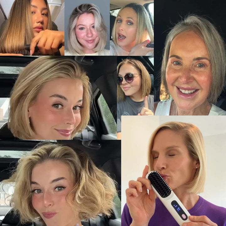 Collage van vrouwen met kort haar die de borstel gebruiken en hun gladde, gestileerde bob laten zien. 3