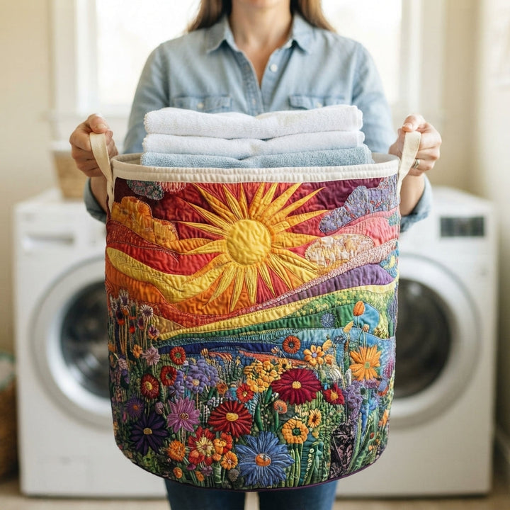 Een vrouw in spijkerblouse houdt de mand aan de handgrepen vast, gevuld met opgevouwen handdoeken, voor een wasmachine. 3