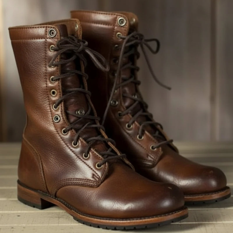 Paar bruine leren veterlaarzen met donkere veters en metalen oogjes, schuin van voren gefotografeerd op een houten ondergrond. 1