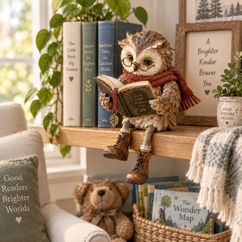 Uilbeeldje met rode sjaal en laarsjes zit op een lichte houten plank boven een mand met kinderboeken 9