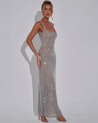 Rhinestone Square Neck Maxi Dress - Bodycon Evening Gown 7
