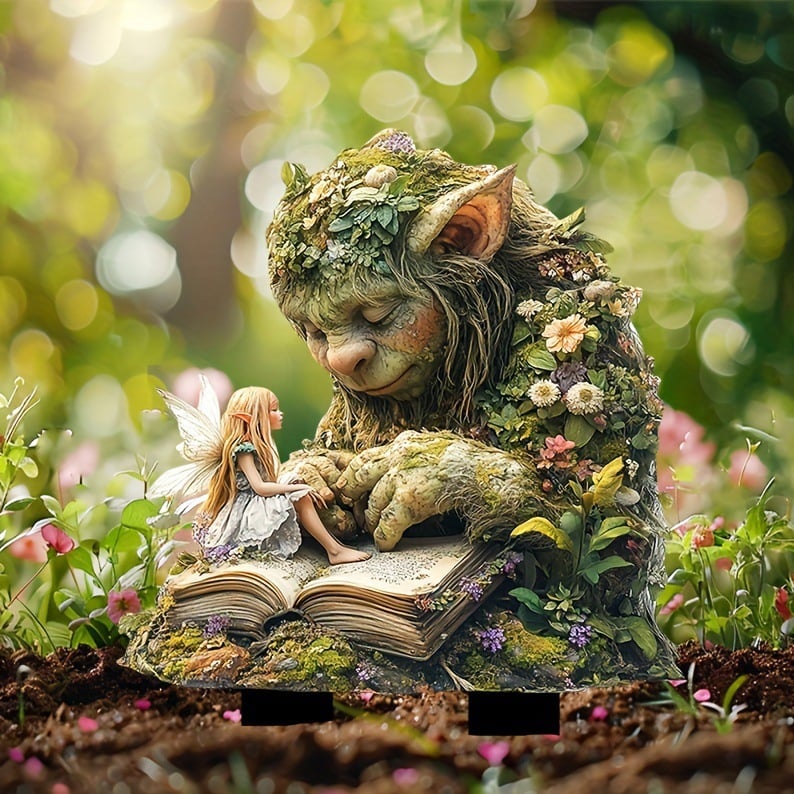 Tuinprikker van de trol met fee op een boek, in de aarde tussen roze bloemetjes en zacht bosgroen licht. 10