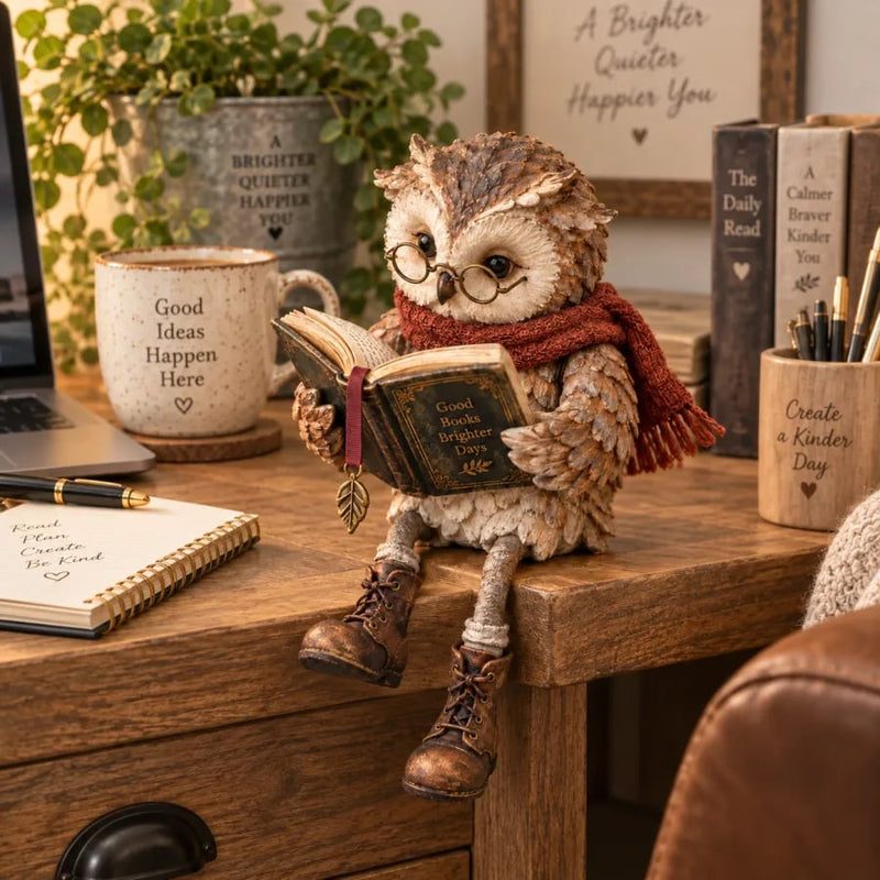 Uilbeeldje met bril, rode sjaal en open boek zit op de rand van een houten bureau naast notitieboekje, pennen en koffiemok. 2