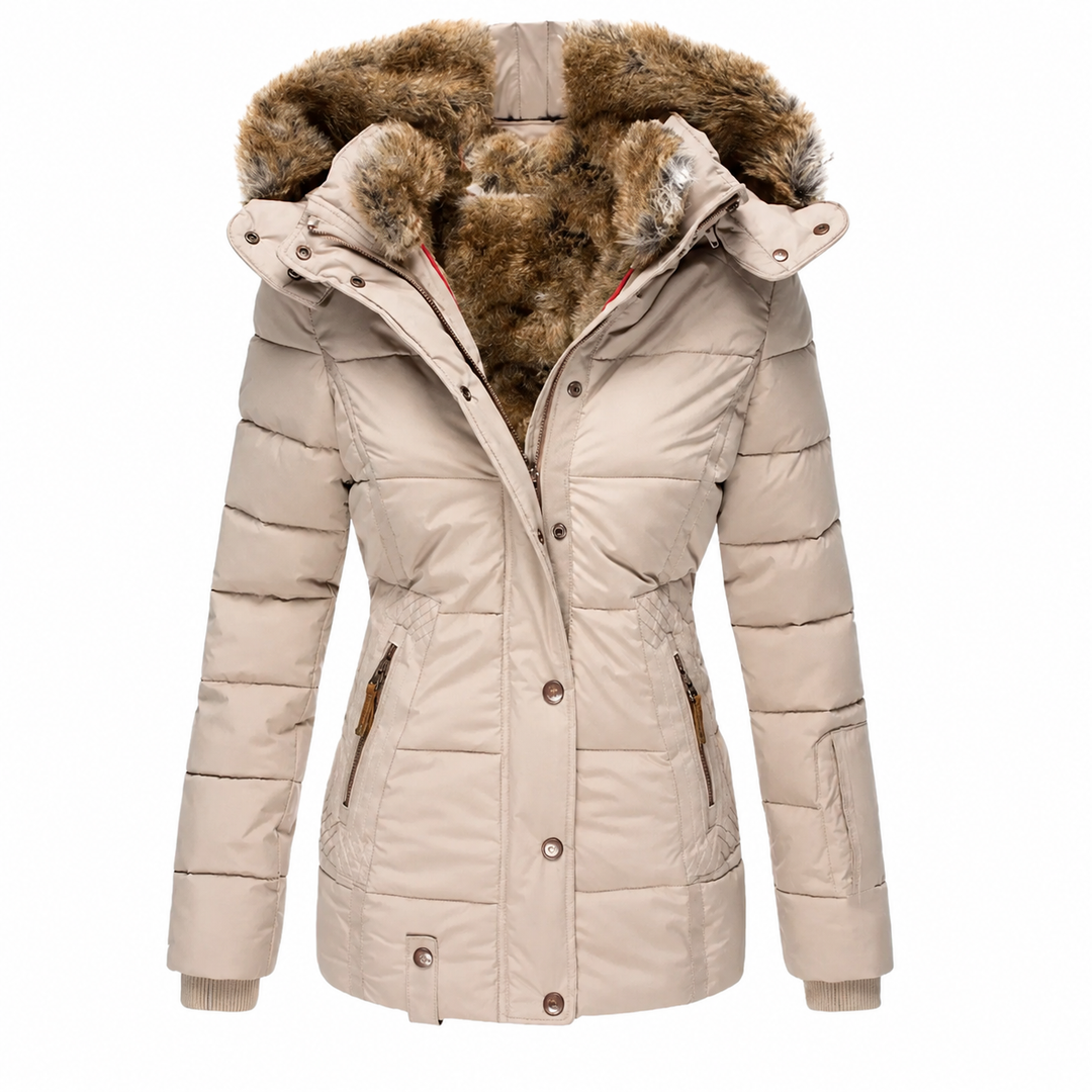 Beige gewatteerde parka voorkant, half open, met bontgevoerde capuchon en rits- en drukknoopsluiting 3