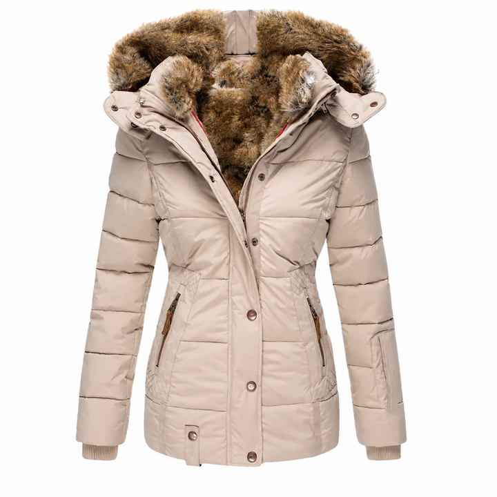 Beige gewatteerde parka voorkant, half open, met bontgevoerde capuchon en rits- en drukknoopsluiting 3