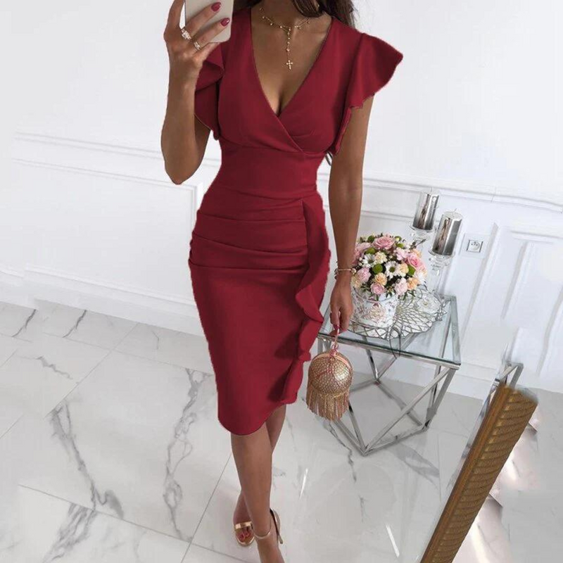 Stilvolles V-Ausschnitt-Kleid mit gerafften Ärmeln - Maud