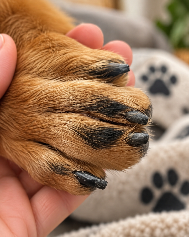 Close-up van een vastgehouden hondenpoot met gladde, mooi bijgevijlde zwarte nagels 11