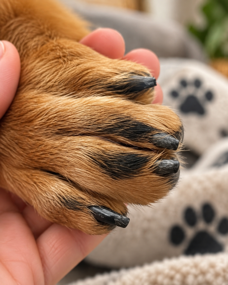 Close-up van een vastgehouden hondenpoot met gladde, mooi bijgevijlde zwarte nagels 11