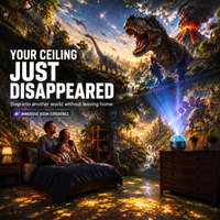 Gezin op bed in een slaapkamer die door projectie op een dinosaurusjungle met vulkaan lijkt, projector staat op de commode. 14