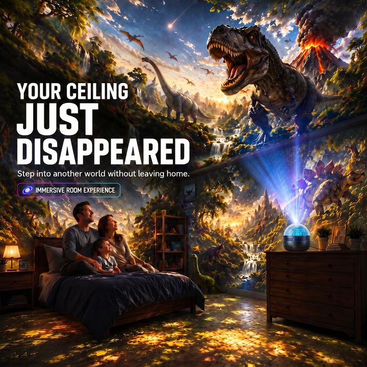 Gezin op bed in een slaapkamer die door projectie op een dinosaurusjungle met vulkaan lijkt, projector staat op de commode. 14