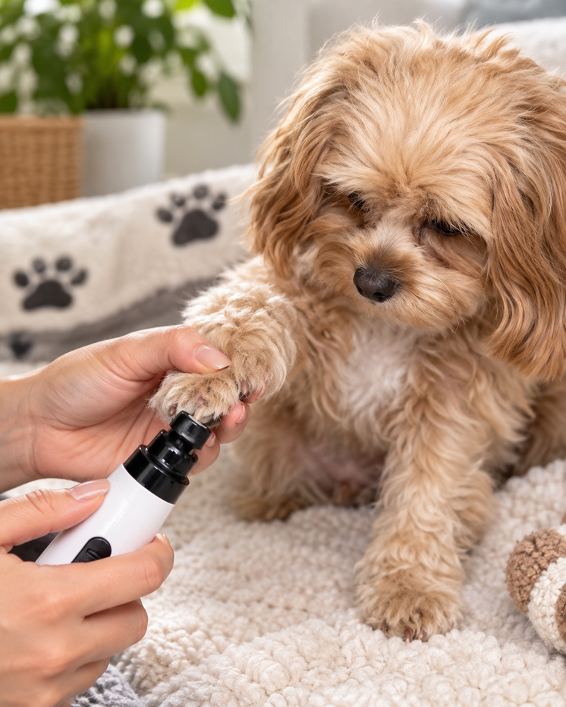 Kleine pluizige hond geeft zijn poot terwijl de nagels met de witte vijl worden bijgewerkt 12