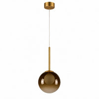 Ambergekleurde glazen globelamp met messing steel en plafondplaat op witte achtergrond, niet ontstoken 7