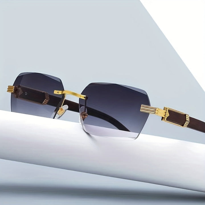 Randlose Sonnenbrille mit Rechteckigen Gläsern und Holzoptik-Bügeln – Verro