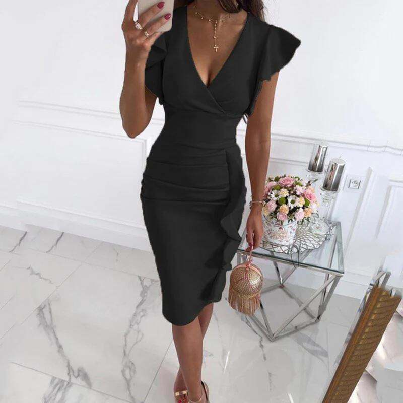 Stilvolles V-Ausschnitt-Kleid mit gerafften Ärmeln - Maud
