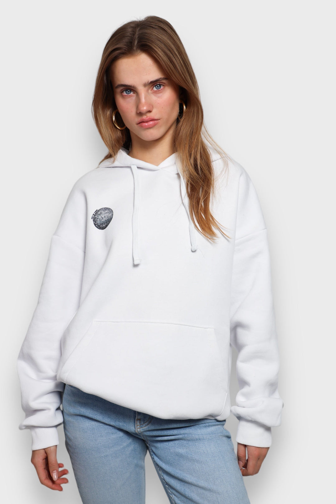 Weißer Damen-Hoodie mit Discokugel-Print - BellaShine