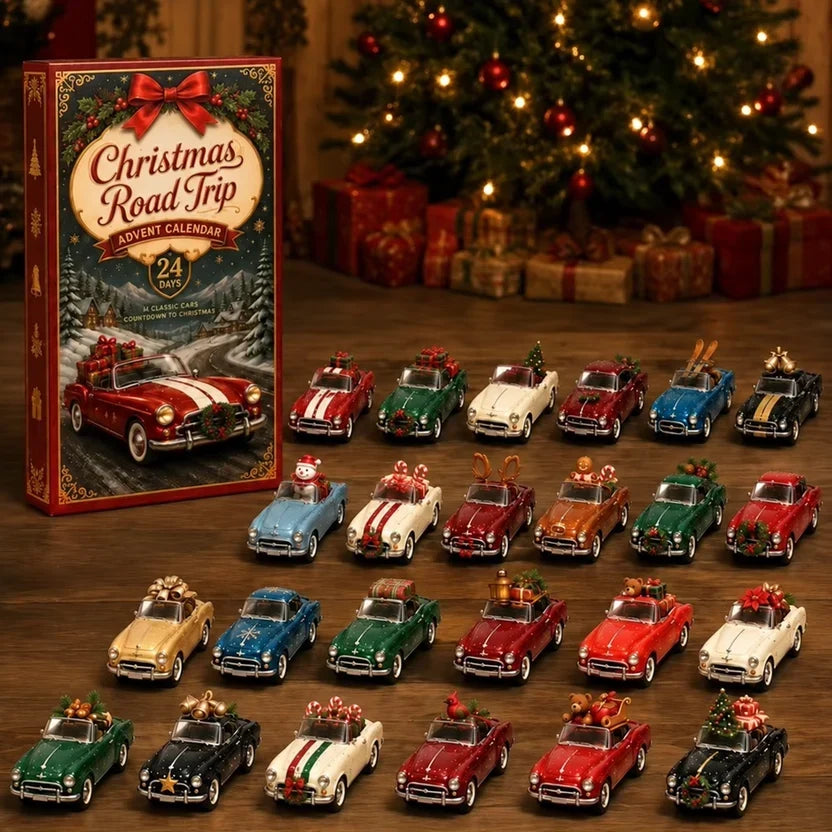 Rode kalenderdoos met strik naast kerstboom, met 24 kleine open auto's met feestelijke versieringen op een houten vloer 16