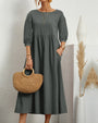 Midi-Kleid mit Rundhalsausschnitt & Laternenärmeln – Selina