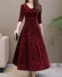 Velvet Midi Dress with Long Sleeves - Selina