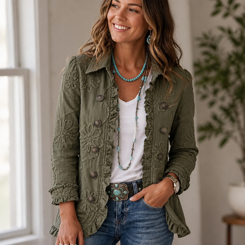 Floral Embroidered Utility Jacket - Vintage Boho Style with Ruffle Trim 1