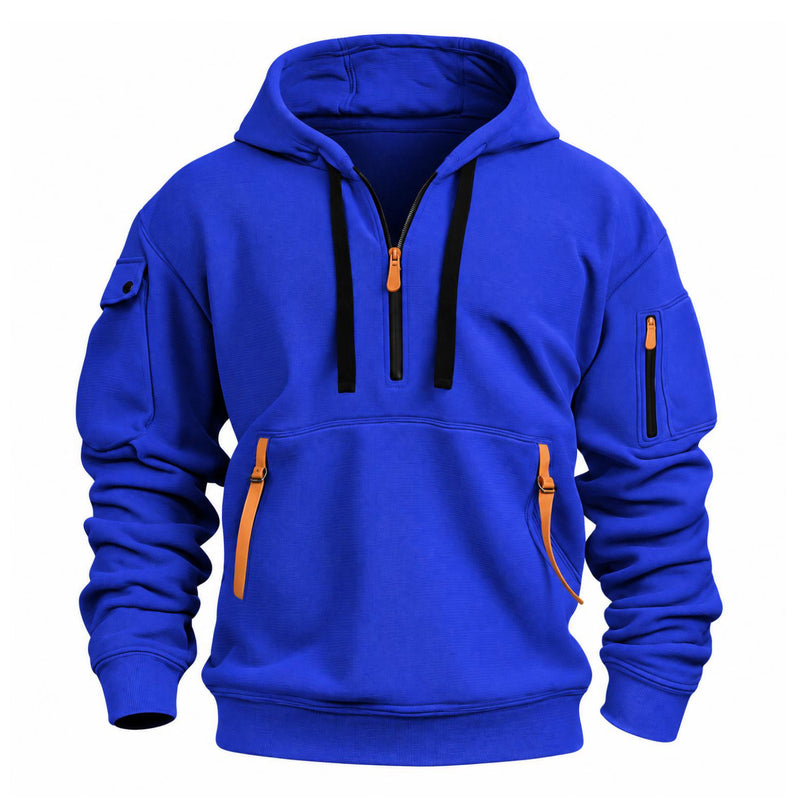 Felblauwe hoodie van voren met oranje ritsen, zwarte trekkoorden en kangoeroezak 9