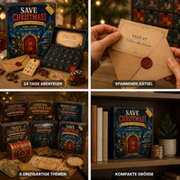 Collage met de doos, een geopende kalender met genummerde vakjes, een brief met lakzegel, de zes thema's naast elkaar en de doos op een boekenplank. 2
