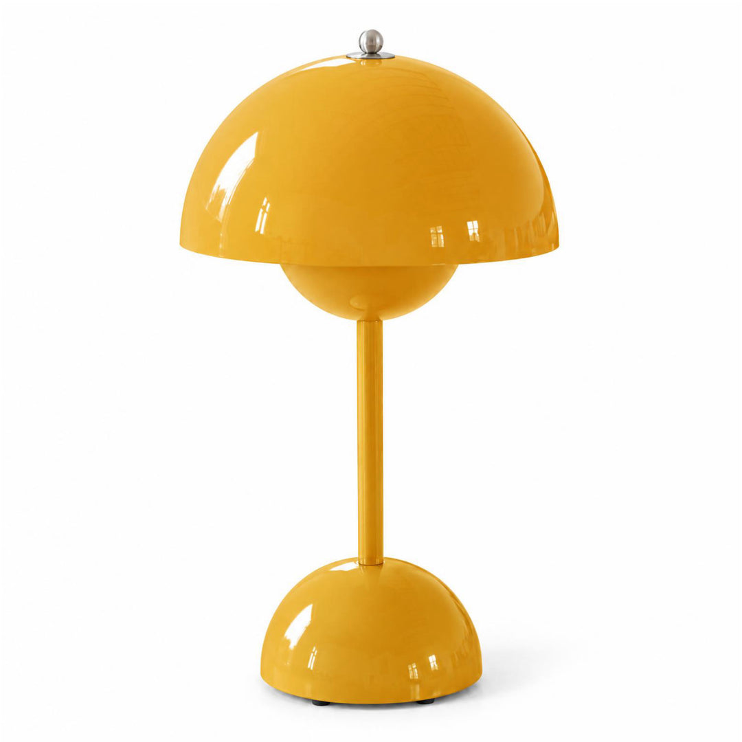 Glanzend gele versie van de paddenstoellamp op witte achtergrond met een zilverkleurig knopje bovenop 3