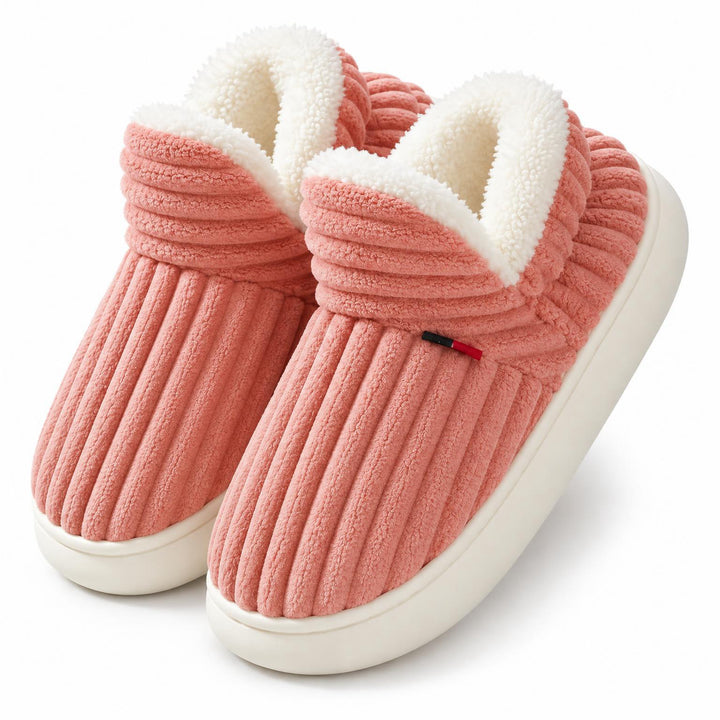 Roze hoge pantoffels met geribbeld bovenwerk, witte pluche voering en een dikke crèmekleurige zool 6