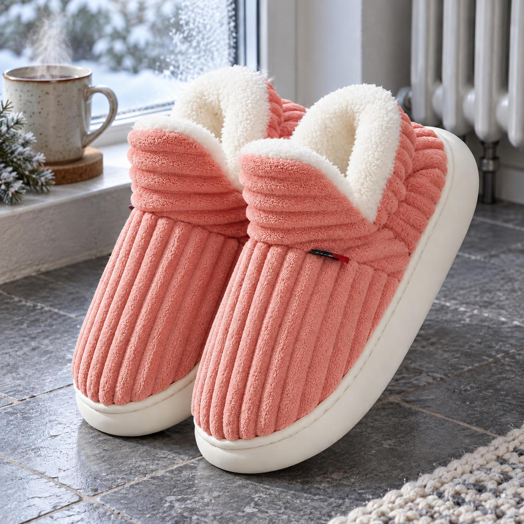 Paar roze geribbelde sloffen met witte pluche voering op een tegelvloer naast een radiator 6