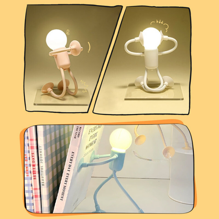 Collage van lampjes in drie poses: roze zittend, wit met armen om het hoofd, en groen dat tegen boeken duwt. 11