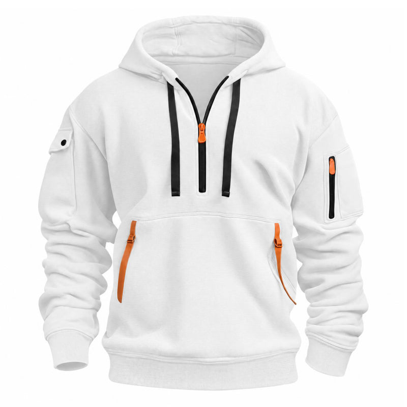 Witte hoodie van voren met zwarte trekkoorden, oranje ritstrekkers en mouwzak met rits 8
