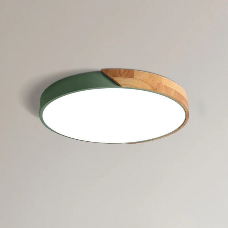 Ronde plafondlamp met groene rand en houten deel, close-up tegen een lichte plafondachtergrond 13