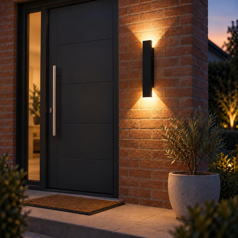 Zwarte wandlamp op bakstenen muur bij de voordeur in de schemering, naast een plant in grijze pot 2