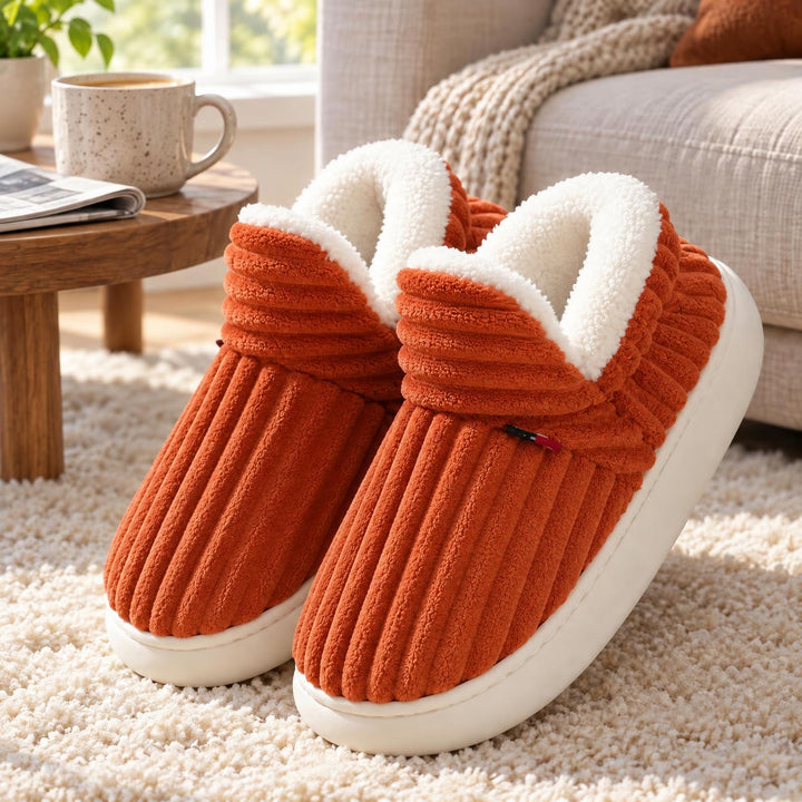 Oranjerode geribbelde pantoffels met witte pluchevoering en dikke witte zool, op een zacht vloerkleed naast de bank 7