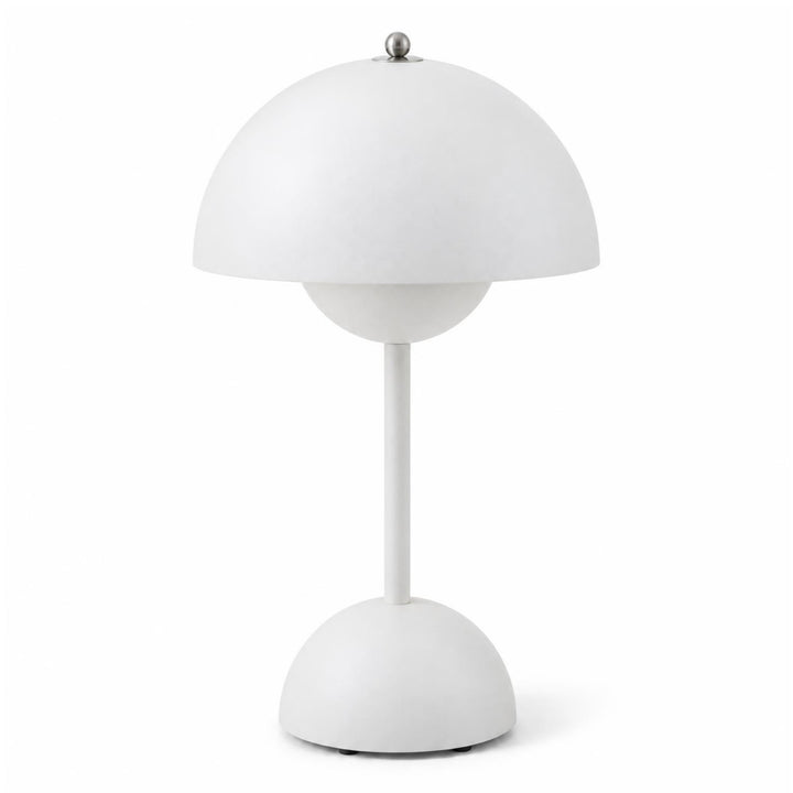 Witte mat paddenstoellamp met ronde voet en dunne steel, vrijstaand op witte achtergrond 2