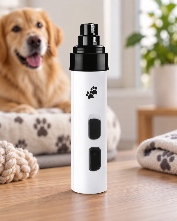 Witte nagelvijl met zwarte kop en pootafdruk rechtop op een houten tafel, golden retriever op de achtergrond 1