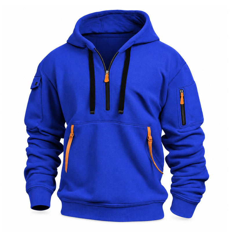 Felblauwe hoodie met halve rits, zwarte trekkoorden en oranje ritstrekkers, vooraanzicht op witte achtergrond 9