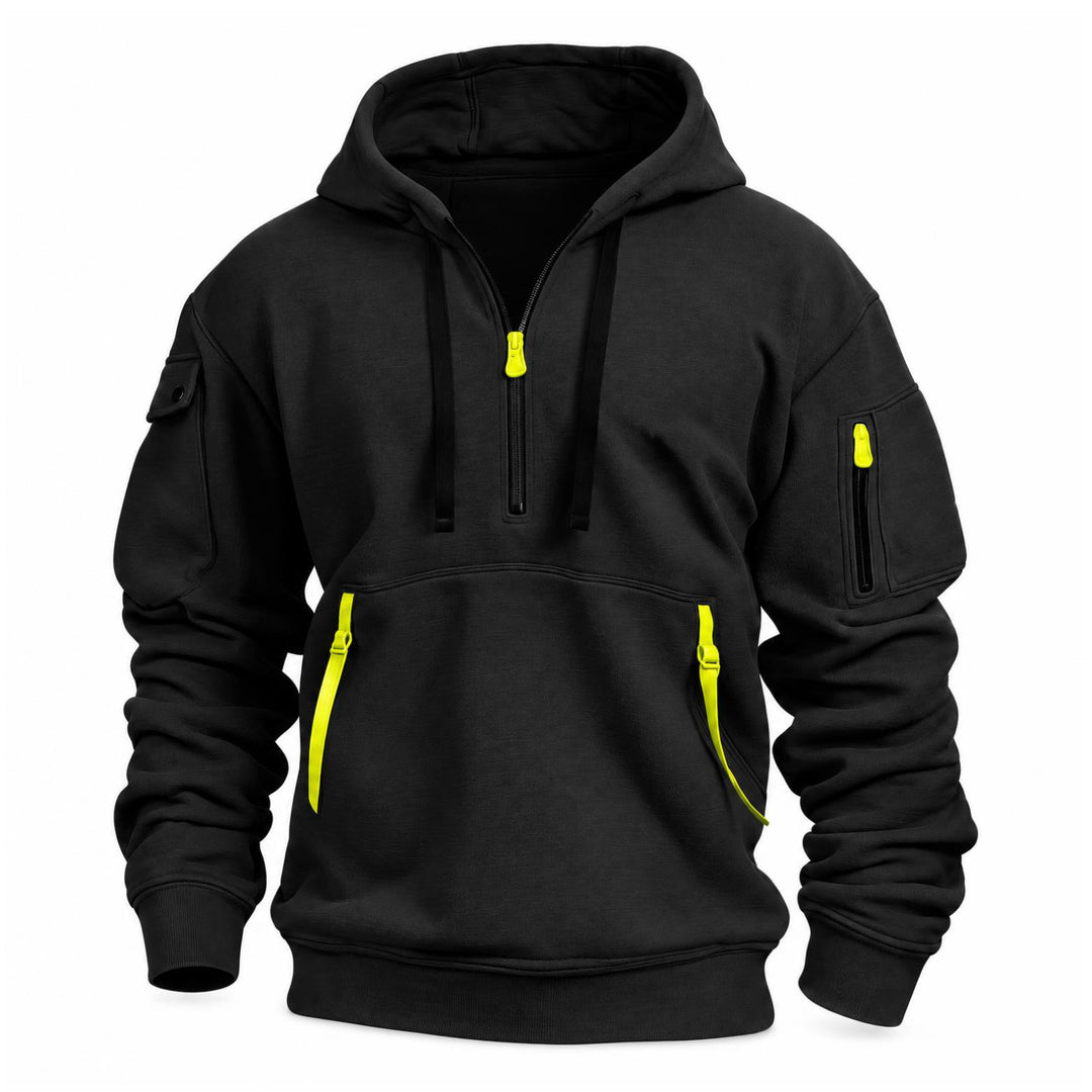 Zwarte hoodie met halve rits en felgele ritstrekkers en bandjes bij de kangoeroezak, vooraanzicht 5