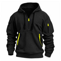 Zwarte hoodie met halve rits en felgele ritstrekkers en bandjes bij de kangoeroezak, vooraanzicht 5