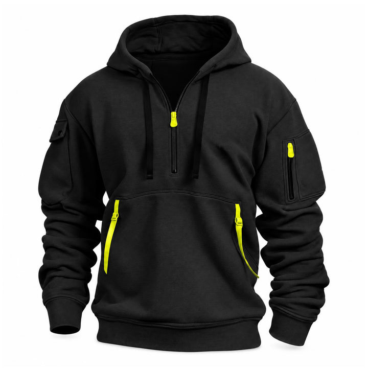 Zwarte hoodie met halve rits en felgele ritstrekkers en bandjes bij de kangoeroezak, vooraanzicht 5