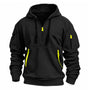 Zwarte hoodie met halve rits en felgele ritstrekkers en bandjes bij de kangoeroezak, vooraanzicht 5