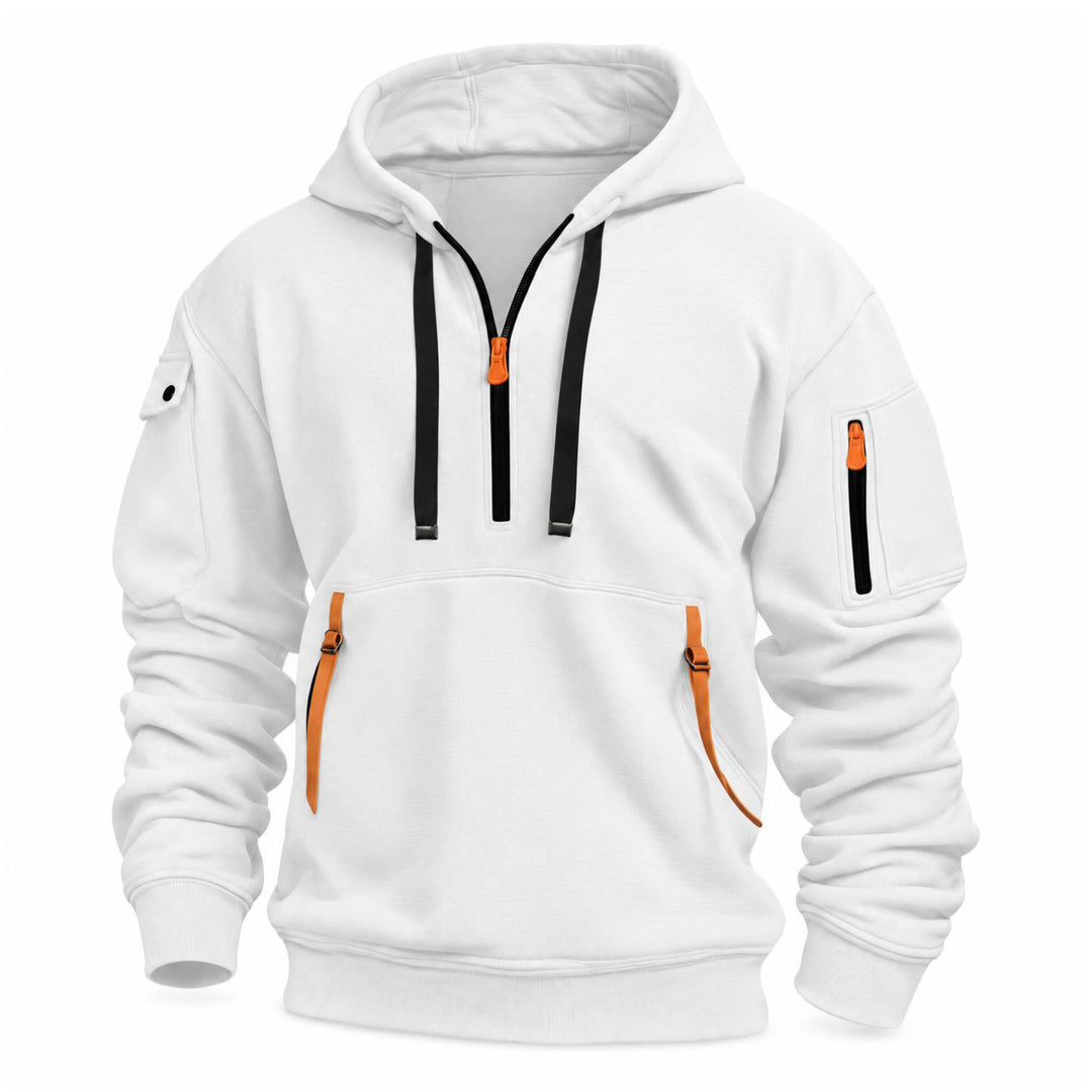 Witte hoodie met halve rits, zwarte trekkoorden en oranje bandjes aan de kangoeroezak, vooraanzicht 8