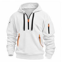 Witte hoodie met halve rits, zwarte trekkoorden en oranje bandjes aan de kangoeroezak, vooraanzicht 8