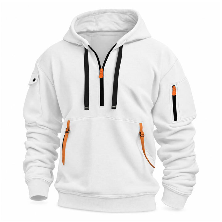 Witte hoodie met halve rits, zwarte trekkoorden en oranje bandjes aan de kangoeroezak, vooraanzicht 8