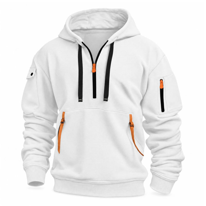 Witte hoodie met halve rits, zwarte trekkoorden en oranje bandjes aan de kangoeroezak, vooraanzicht 8