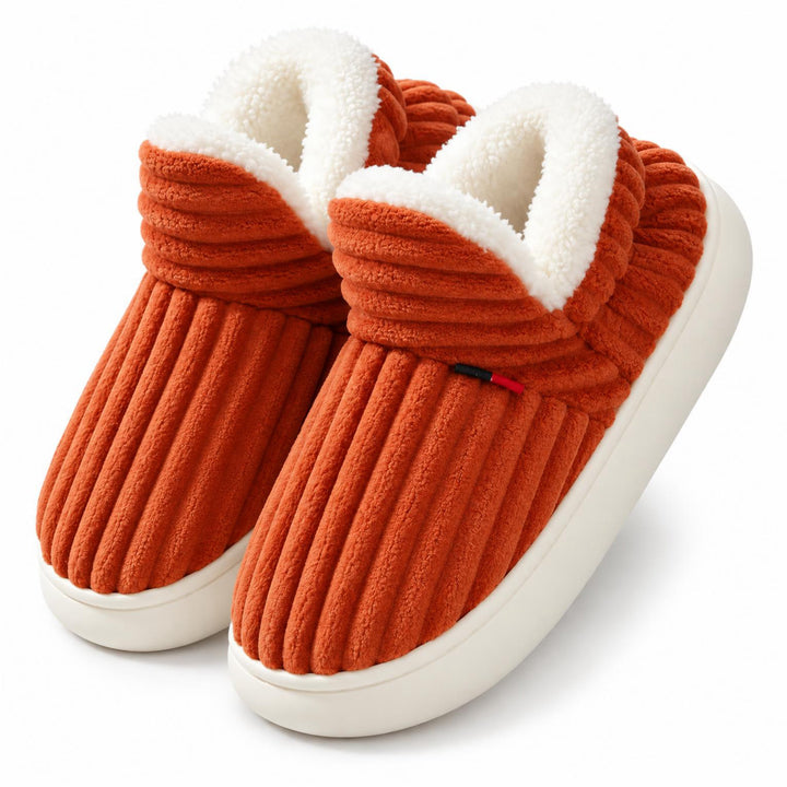 Oranje hoge pantoffels met geribbeld bovenwerk, witte pluche voering en een brede crèmekleurige zool 7