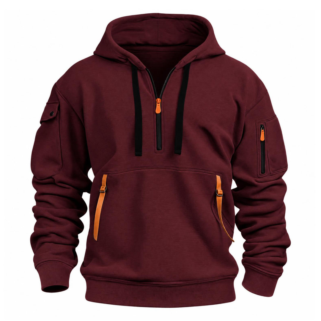 Bordeauxrode hoodie van voren met halve rits, oranje bandjes en zwarte trekkoorden 7
