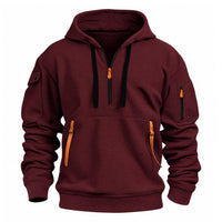 Bordeauxrode hoodie van voren met halve rits, oranje bandjes en zwarte trekkoorden 7
